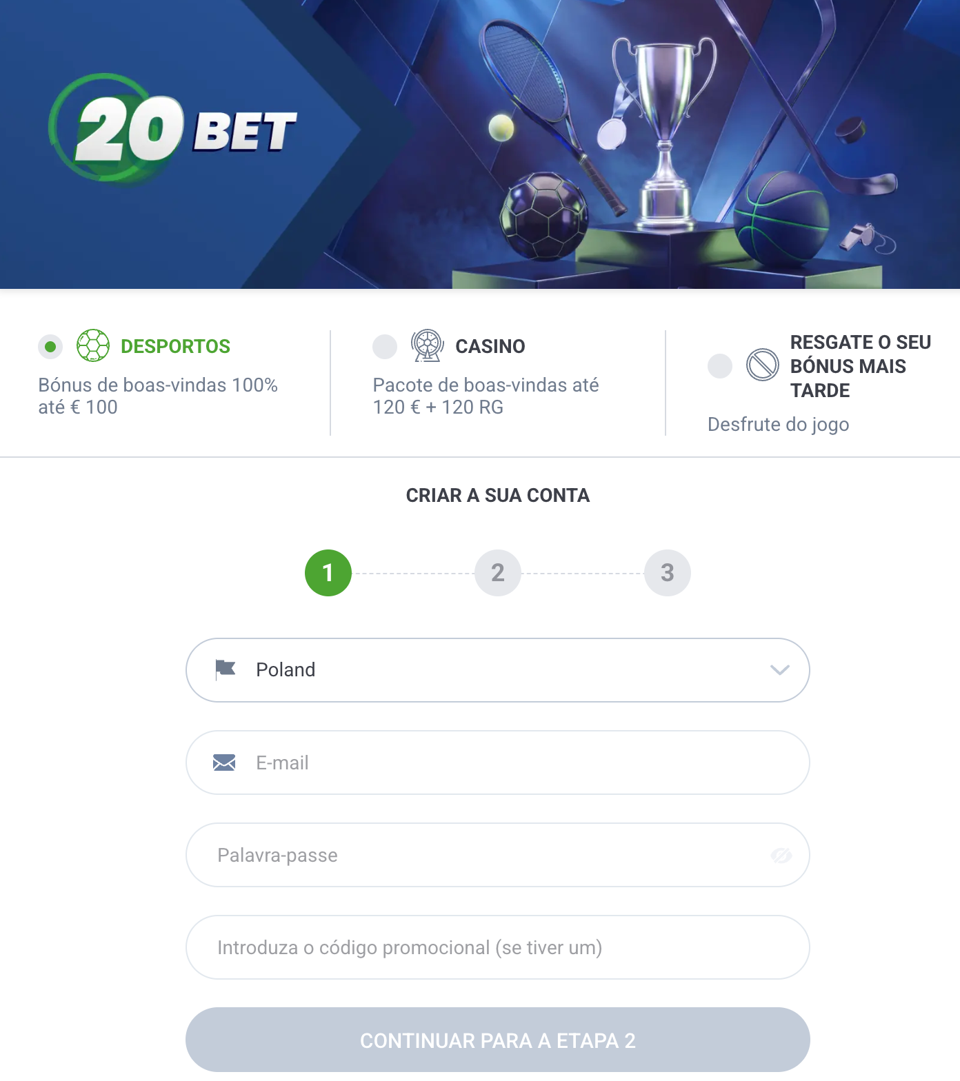 Formulário de registo 20Bet em português